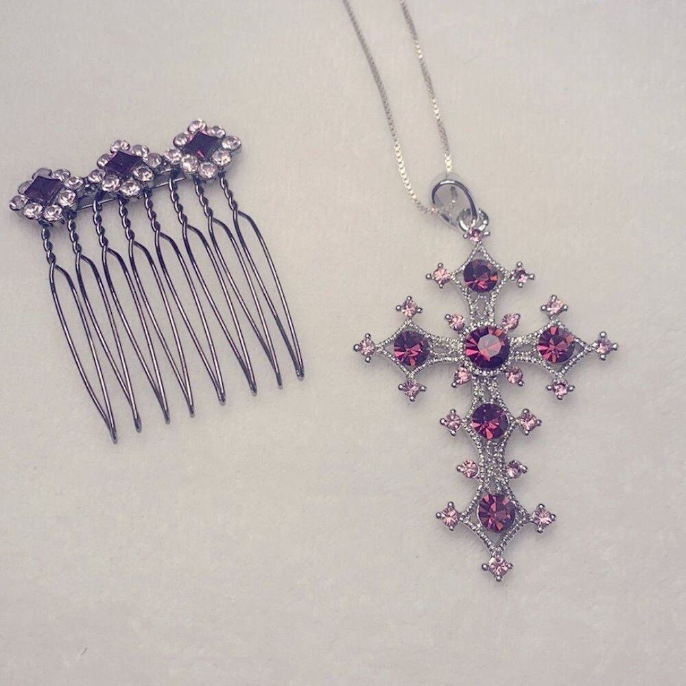 Silver Tone & Purple Crystal Cross and Crystal Hair Comb